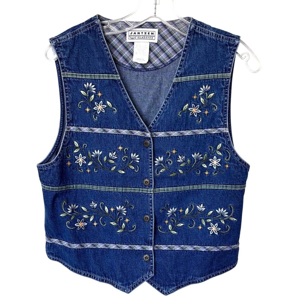 Vintage Jantzen Classics Wms M Blue Denim Embroidered Floral Button Up Vest